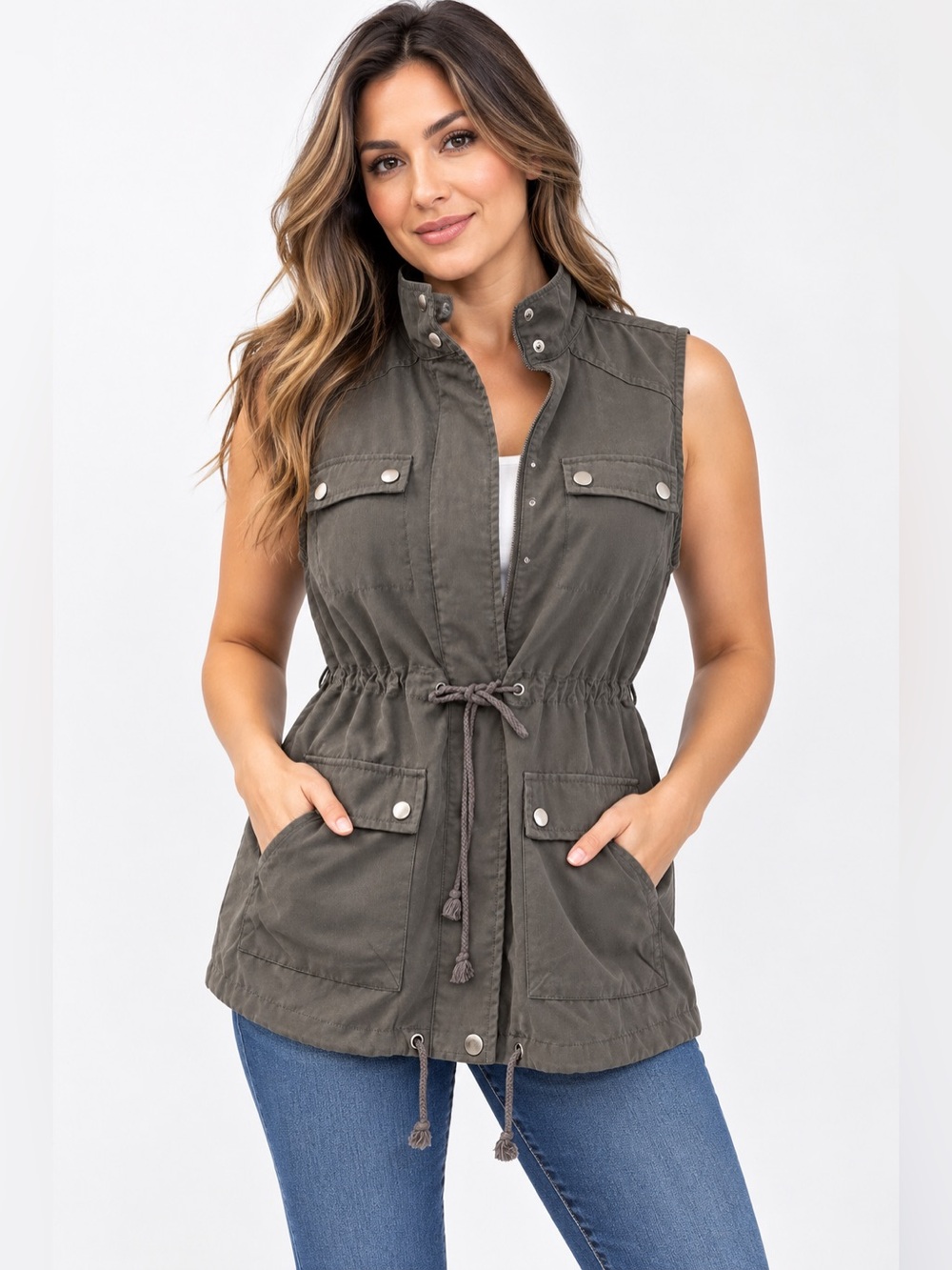 Entro Women’s Small Utility Vest Gray Southwestern Print Back Drawstring Boho